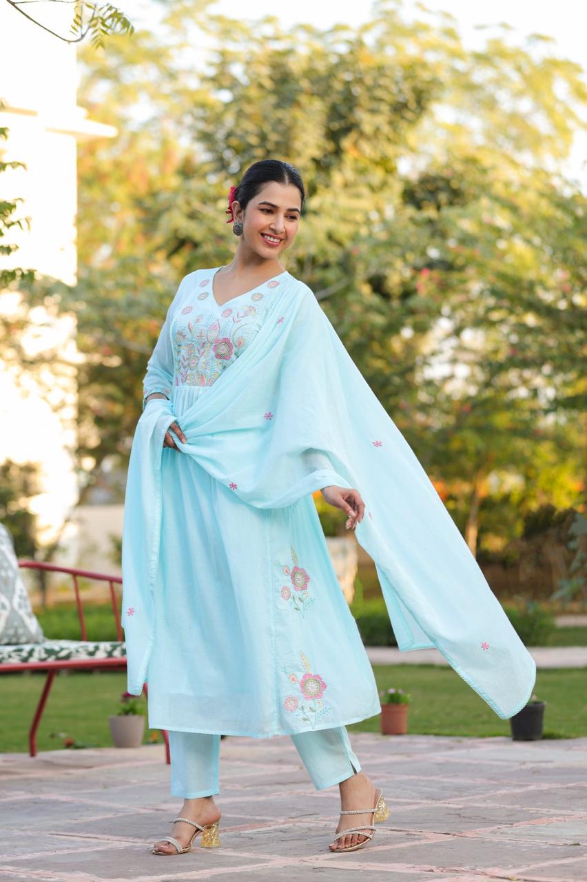 Super soft Mul cotton embroidered suit set in blue