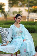 Super soft Mul cotton embroidered suit set in blue