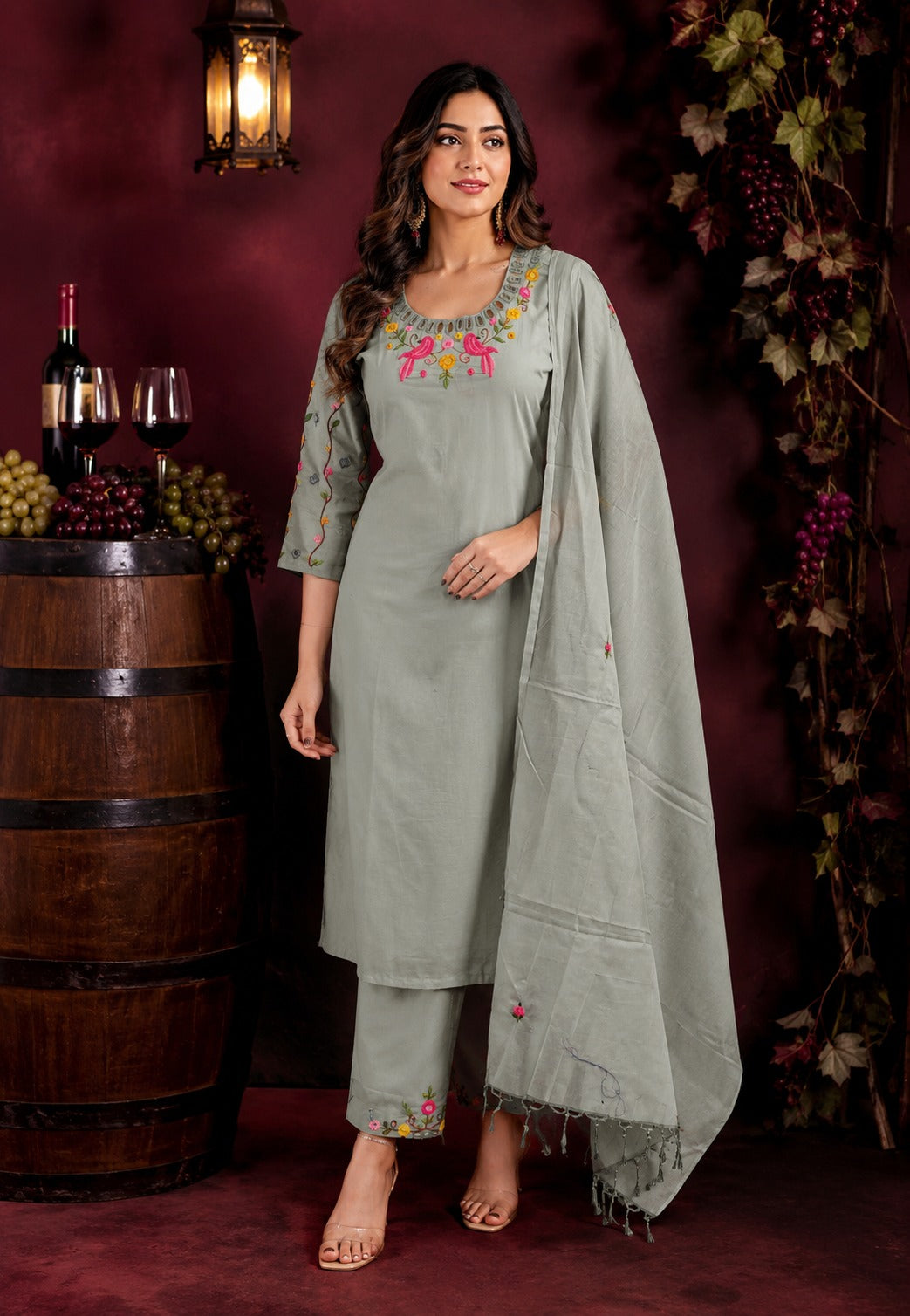 Embroidered green colour with real mirror yoke full suit