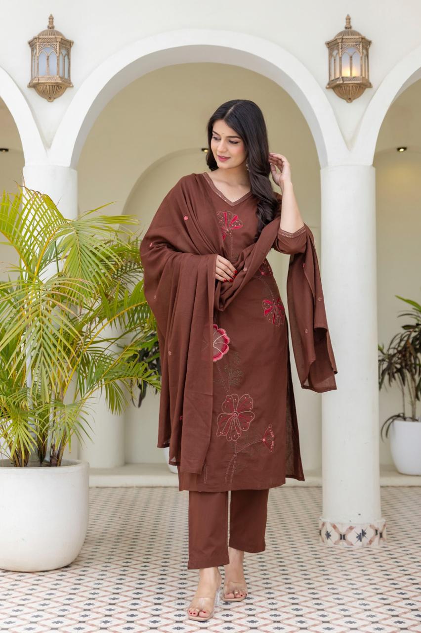 Pure Mul cotton applique embroidery cotton suit set in brown