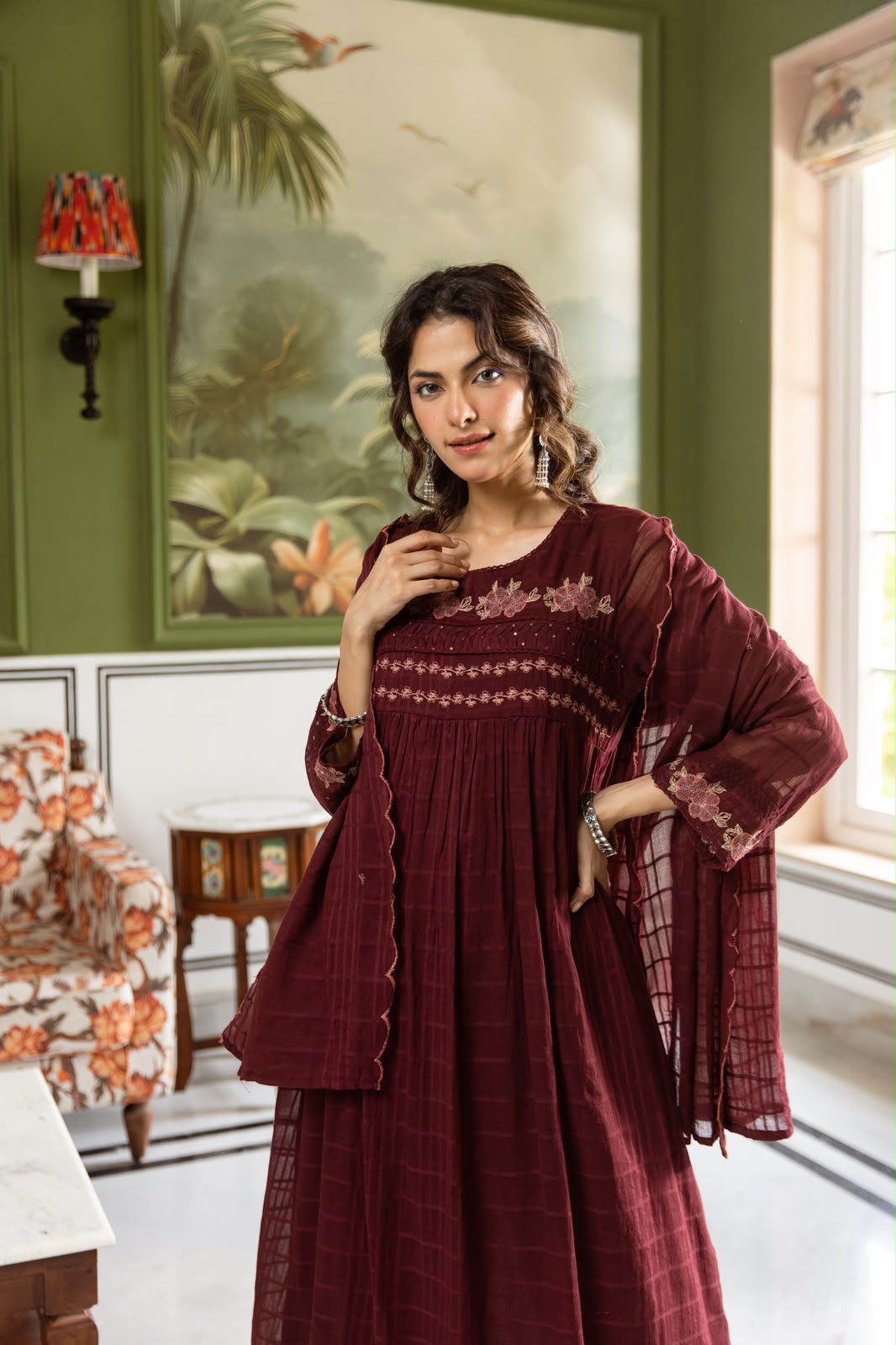 Premium Mul cotton Kota checks suit set in wine