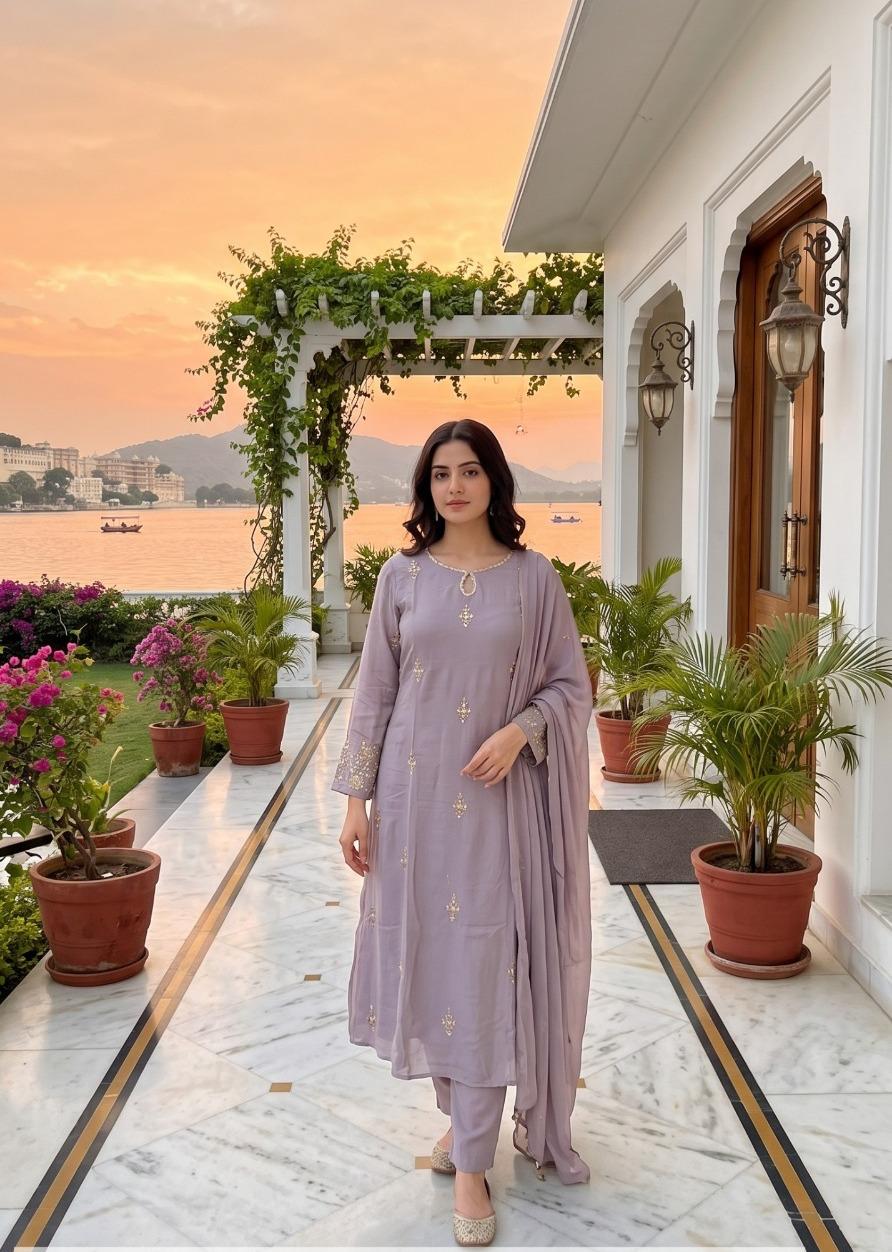 Designer chinon handwork suit set in purple