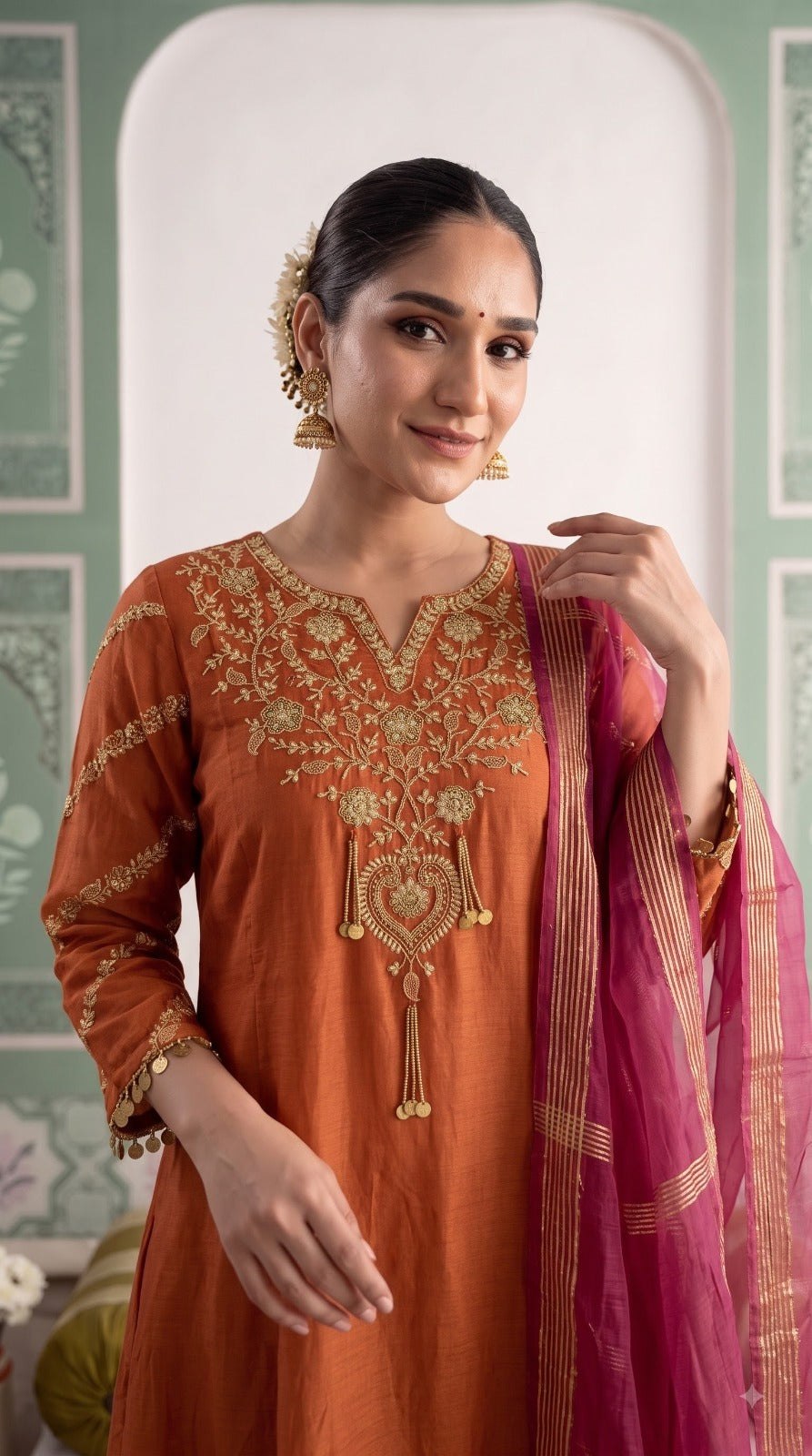 Super pretty Mul chanderi suit in orange n pink