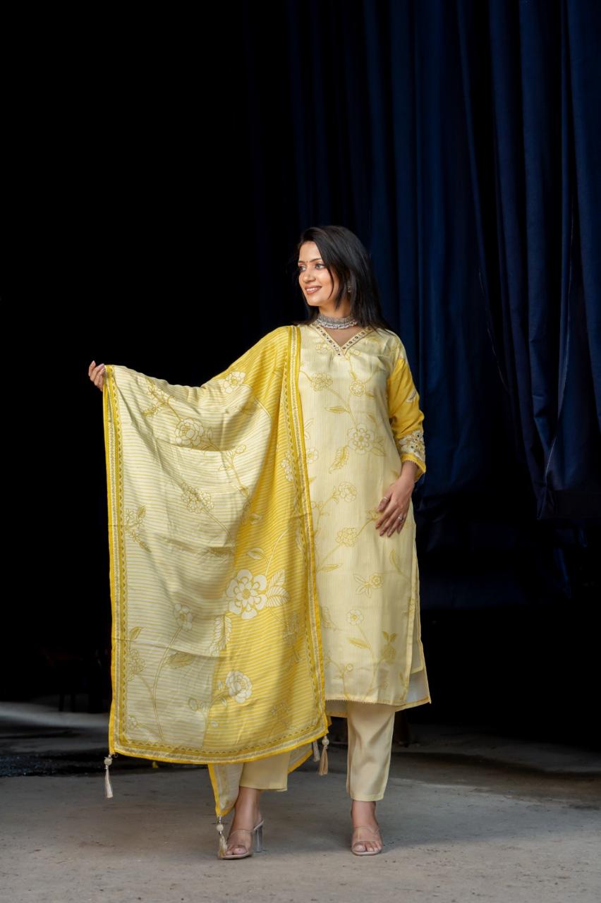 Super soft muslin silk with lining and gotta detailing suit set in yellow