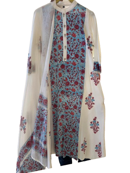 Premium cotton block print suit set paired with mul cotton dupatta