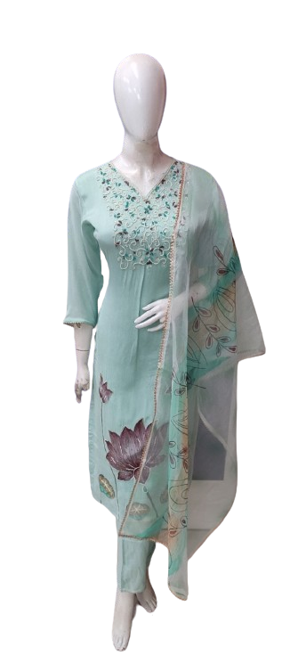 Pure muslin silk with beautiful hand embroidery paired with organza dupatta in blue colour