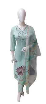 Pure muslin silk with beautiful hand embroidery paired with organza dupatta in blue colour