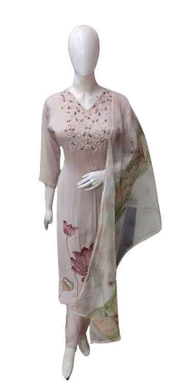 Pure muslin silk with beautiful hand embroidery paired with organza dupatta