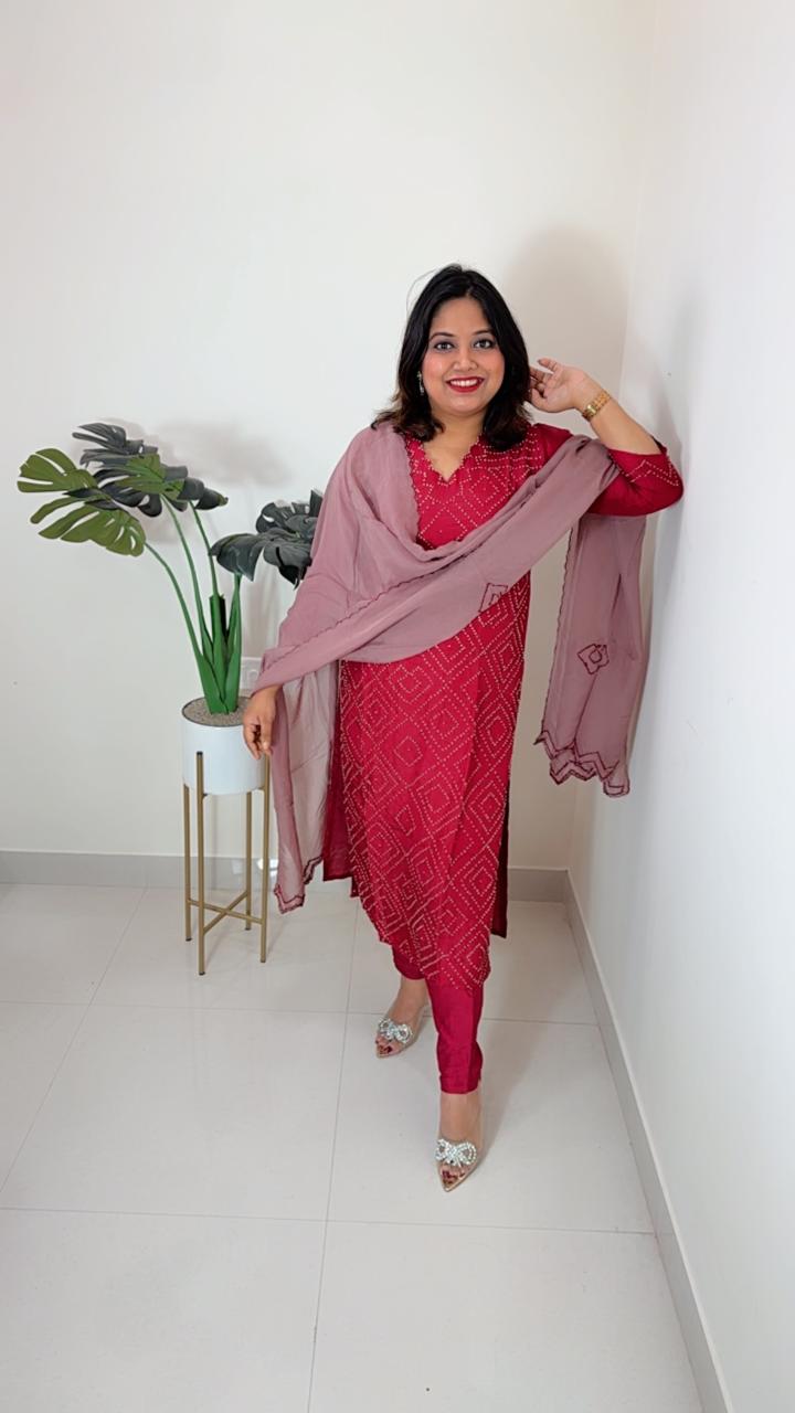 Heavy dola silk githan work kurta lang paired with organza dupatta in red