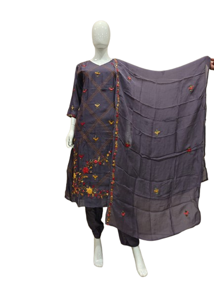 Pretty mul chanderi with hand embroidery paired with Orgenza dupatta