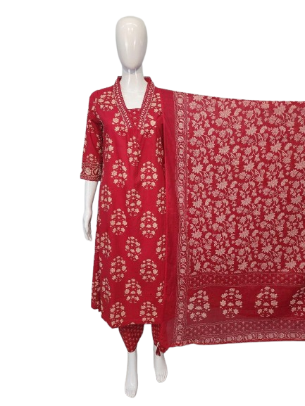 Premium cotton V neck suit set paired with Kota doria dupatta