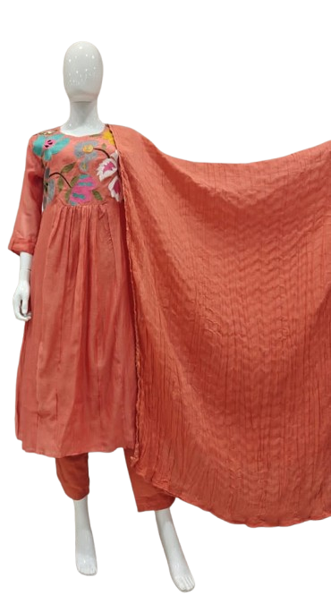 Premium mul chanderi hand embroidery suit set