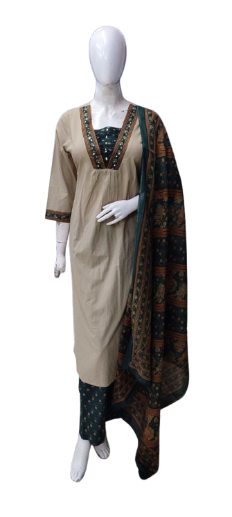 Premium cotton suit set paired with mul cotton dupatta in green