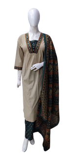 Premium cotton suit set paired with mul cotton dupatta in green
