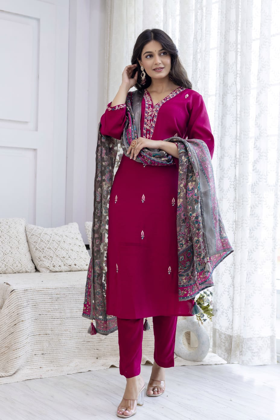 Pure muslin silk suit set with brassso dupatta