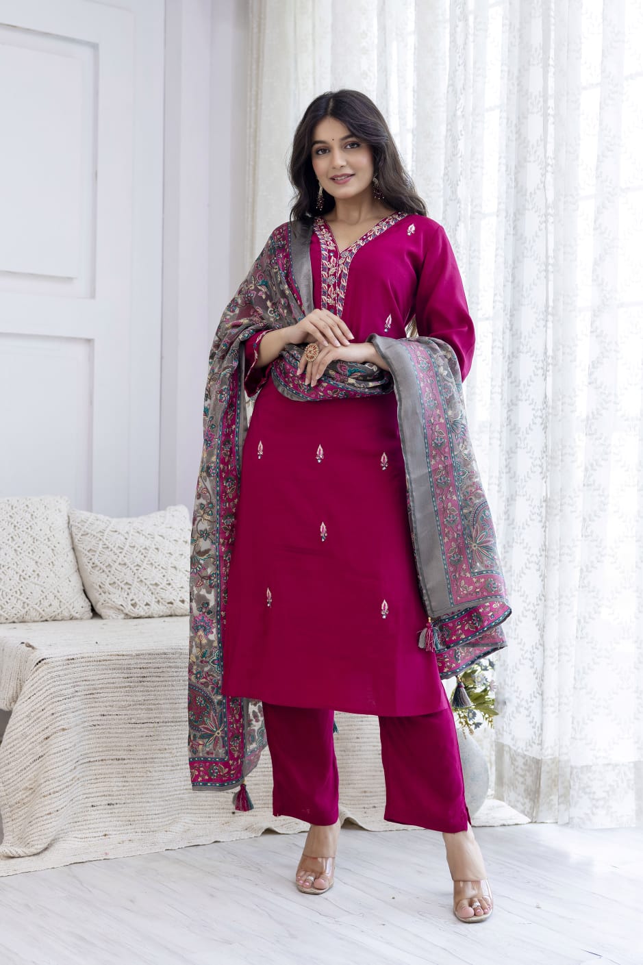 Pure muslin silk suit set with brassso dupatta