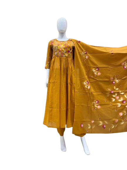 Pretty cotton embroidered suit set paired with brush painted dupatta