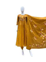 Pretty cotton embroidered suit set paired with brush painted dupatta