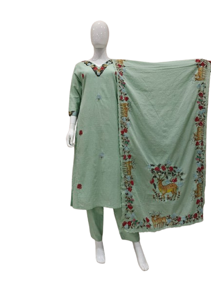 Pretty mul cotton fully embroidered suit set in pista