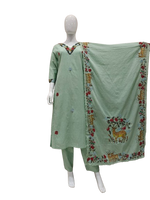 Pretty mul cotton fully embroidered suit set in pista