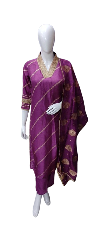 Trending V neck banarsi silk suit with Zari detailing