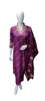 Trending V neck banarsi silk suit with Zari detailing