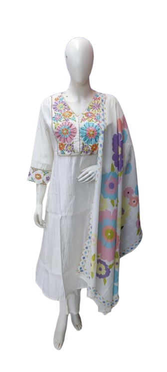 Beautiful muslin embellished suit set paired with orgenza dupatta