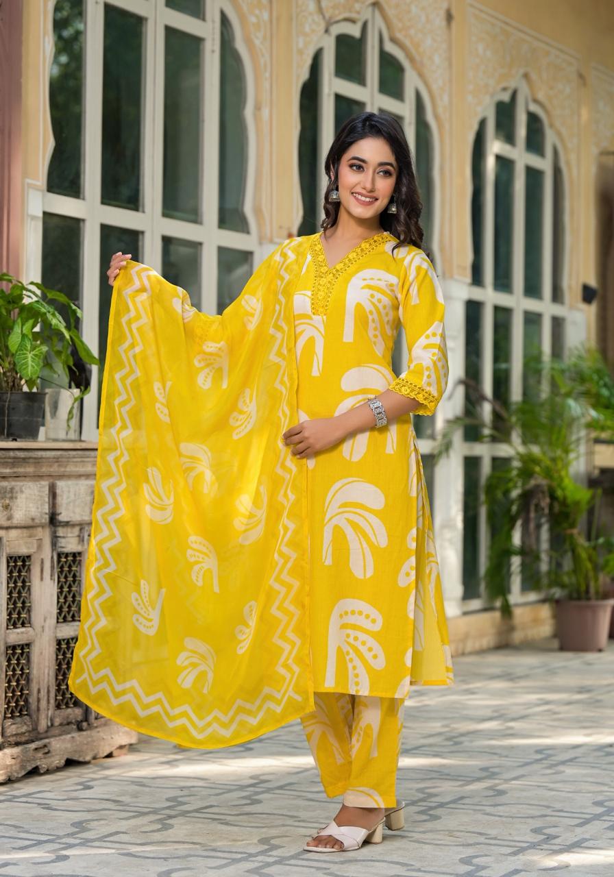 Pure cotton fully lace detailing suit set paired with organza dupatta