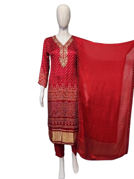 Pure gaji silk lakri patta suit set in red