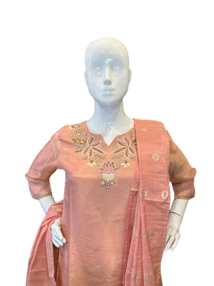 Beautiful shimmer tissue suit set with pretty handwork