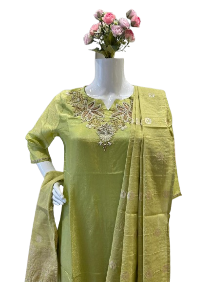 Beautiful shimmer tissue suit set with pretty handwork