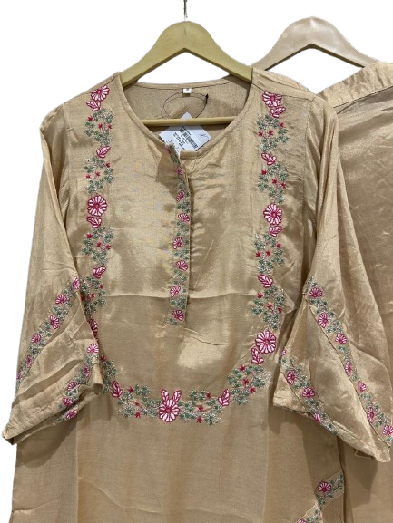 Pretty muslin silk embroidered co ord set in beige