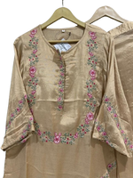 Pretty muslin silk embroidered co ord set in beige