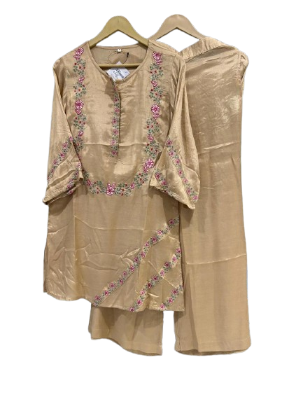 Pretty muslin silk embroidered co ord set in beige