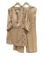 Pretty muslin silk embroidered co ord set in beige