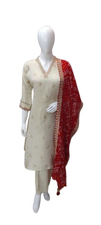 Pretty ivory Zari weaved silk kurta paired with bandhani dupatta