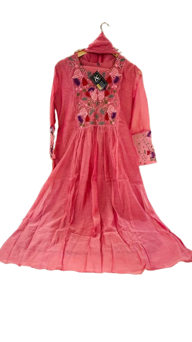 Premium mul chanderi embroidery suit set in peach
