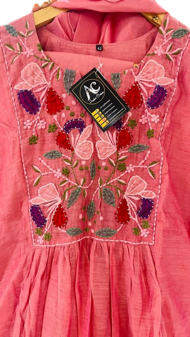 Premium mul chanderi embroidery suit set in peach