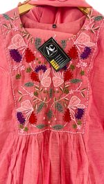 Premium mul chanderi embroidery suit set in peach