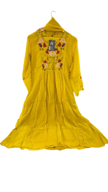 Premium mul chanderi embroidery suit set in yellow