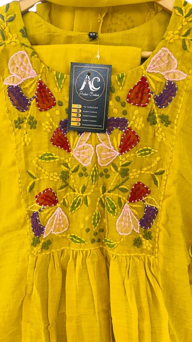 Premium mul chanderi embroidery suit set in yellow