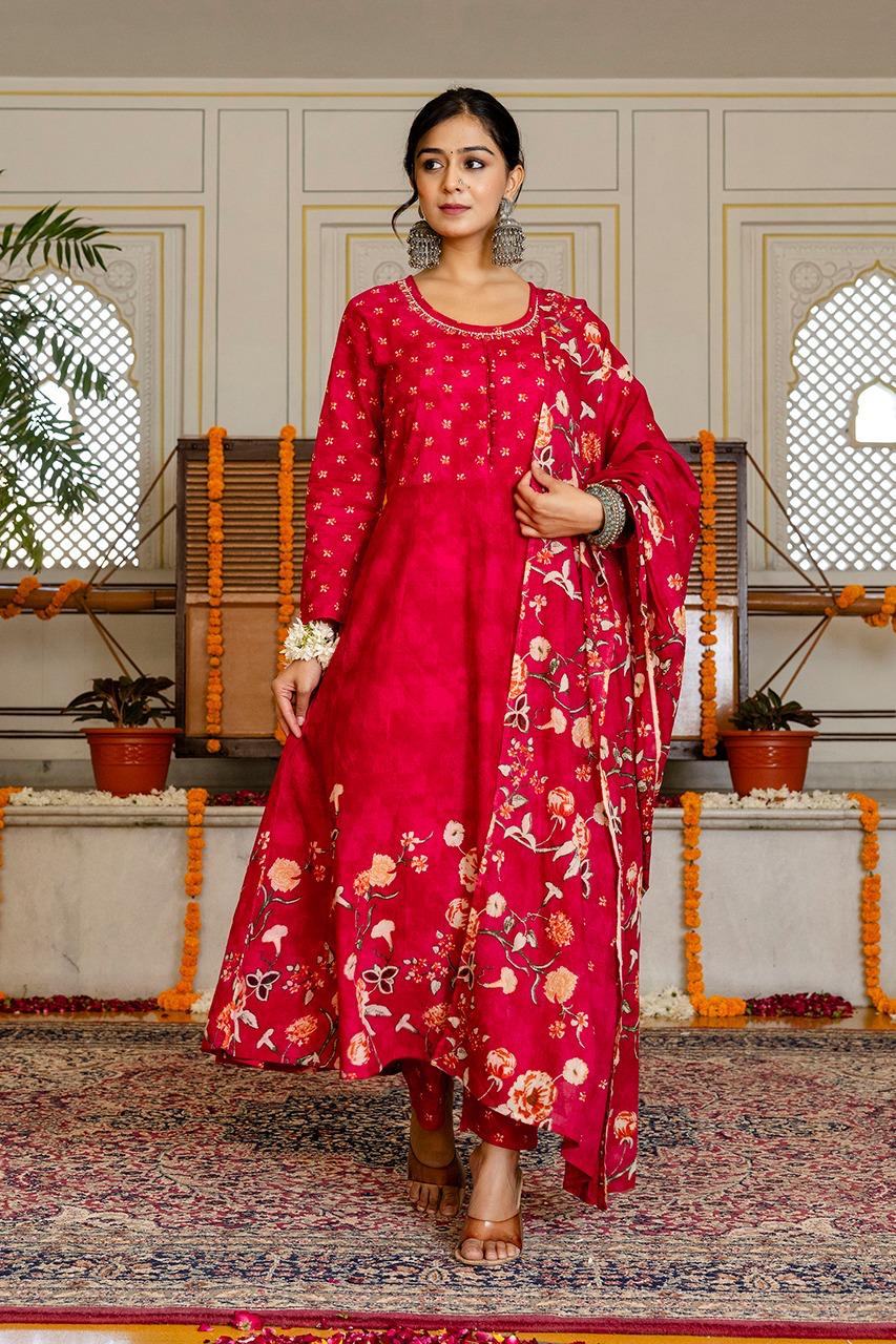 Premium digital printed cotton Anarkali suit in red