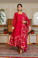 Premium digital printed cotton Anarkali suit in red