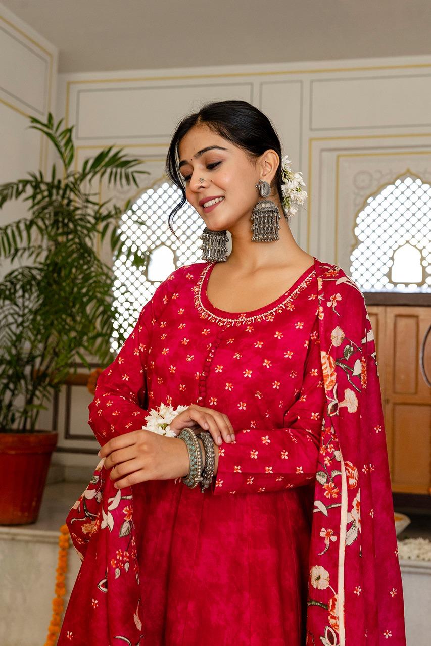 Premium digital printed cotton Anarkali suit in red