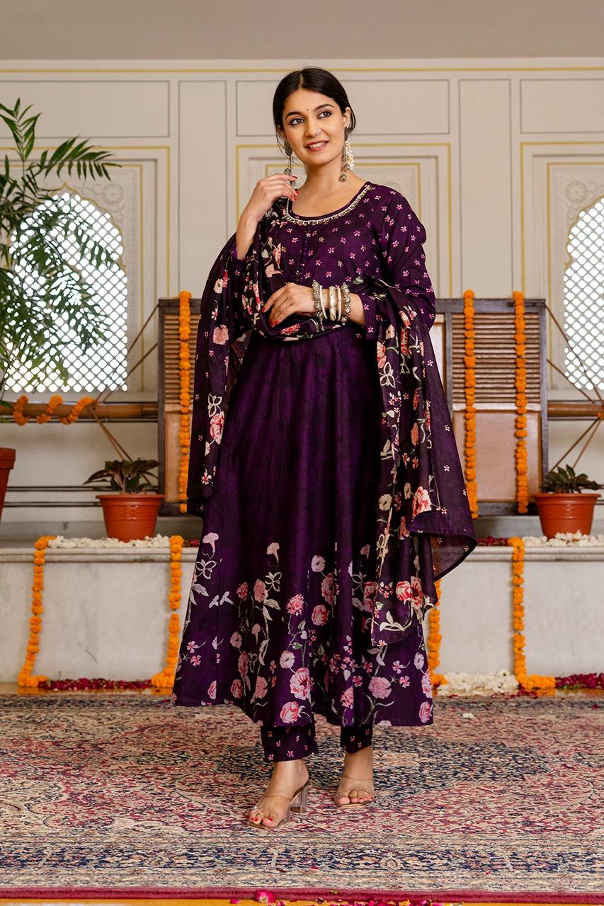 Premium digital printed cotton Anarkali suit in wine