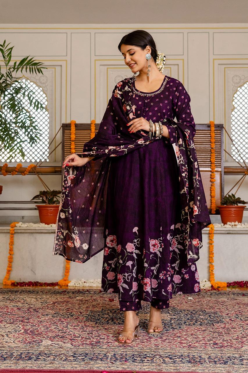 Premium digital printed cotton Anarkali suit in wine