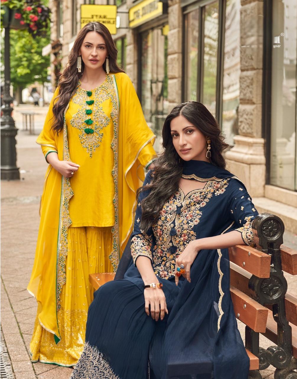 Pretty embellished silk suit paired with georgette sharara and orgenza dupatta