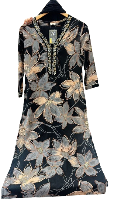 Pure cotton V neck gold foil print suit set