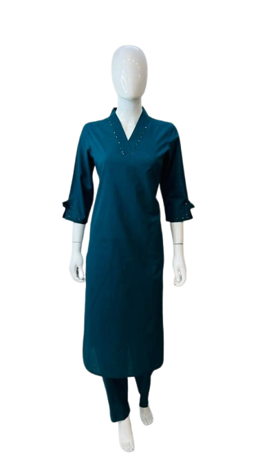 Pure cotton V neck kurta pant in blue