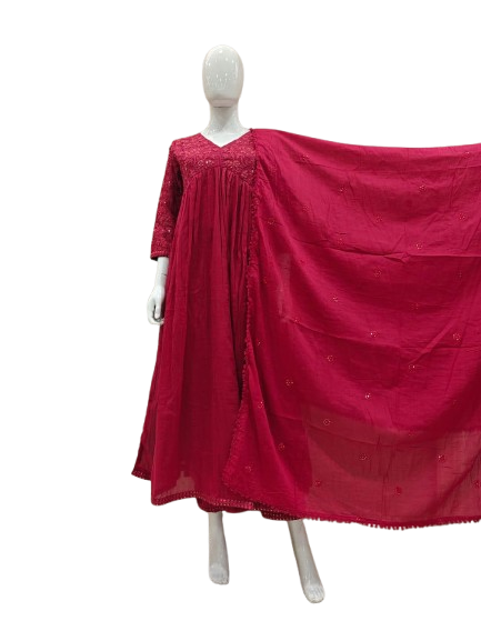 Pure mul cotton embroidered lining suit set in pink